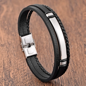 Men Double Layer Braided Genuine Leather Bracelet Stainless Steel Magnetic Clasp Multi Layer Wrap Bangle Vintage Jewelry