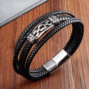 Men's double-layer black braided leather bracelet with engraved stainless steel magnetic clasp