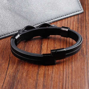 Men's double-layered black braided leather bracelet with infinity symbol and metal clasp