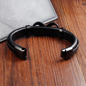 Men's double-layered black braided leather bracelet with infinity symbol and metal clasp