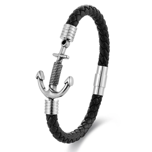 Men's double-layer braided black leather bracelet featuring a silver steel anchor charm