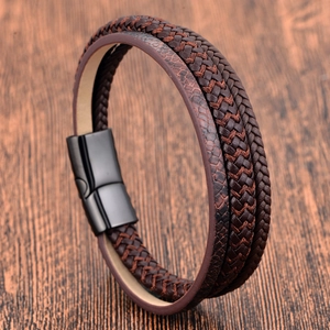 Herren Vintage Mehrlagiges Echtes Lederarmband Edelstahl Magnetverschluss Geflochtenes Rindsleder Punk Mode Schmuck