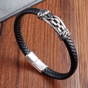 Men's double-layered braided black leather bracelet with vintage engraved steel ornament