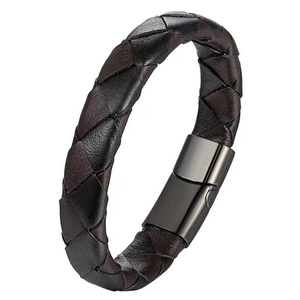 Men's double-layered braided leather bracelet with black magnetic stainless steel clasp