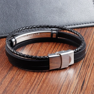 Men's double layer black leather braided bracelet with polished stainless steel clasp