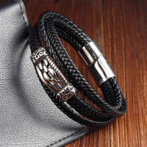 Men's double-layer braided black leather bracelet with embossed silver steel magnetic clasp