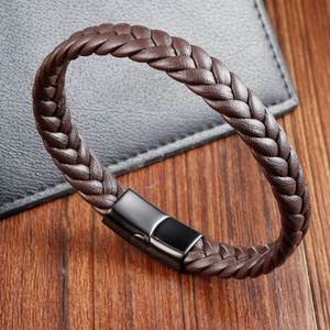 Bracelet pour Homme en Cuir de Vache Véritable Acier Inoxydable 316L Fermoir Magnétique Tissé Double Couche