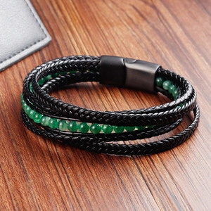 Men's double-layer braided black leather bracelet with green beads and magnetic clasp