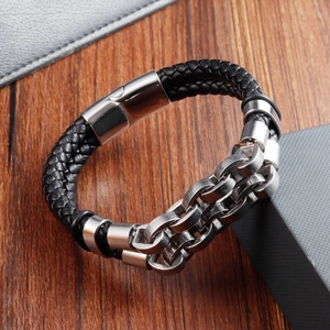 Men's double-layer braided black leather bracelet with stainless steel metal chain and magnetic clasp