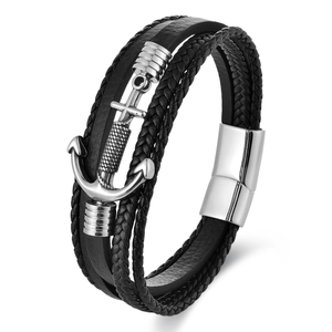Mens multi-layer black braided leather bracelet with silver metal anchor charm and magnetic clasp