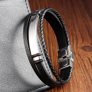 Men's double-layer braided black leather bracelet with silver stainless steel clasp