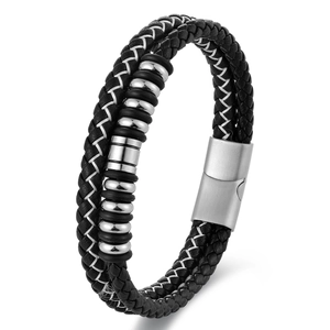 Men Double Layer Braided Genuine Leather Bracelet With Stainless Steel Magnetic Clasp Cowhide Multi-layer Handwoven Jewelry