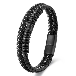 Men's double-layer black braided leather bracelet with brushed metal rings and clasp