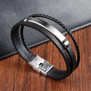 Men's double-layer black braided leather bracelet with curved polished stainless steel plate