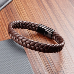 Bracelet pour homme en cuir véritable tressé double avec fermoir magnétique en acier
