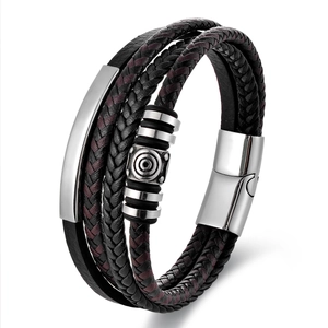 Men's double-layer black leather woven bracelet with polished stainless steel clasp
