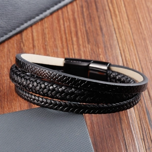 Mehrlagiges schwarzes geflochtenes Lederarmband für Herren mit Edelstahl-Magnetverschluss