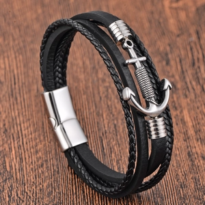 Men's multilayer black braided leather bracelet with silver anchor charm and magnetic clasp