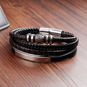 Men's multilayer black and brown braided leather bracelet with silver magnetic clasp