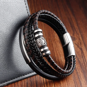 Men's multilayer braided leather bracelet with stainless steel beads and magnetic clasp