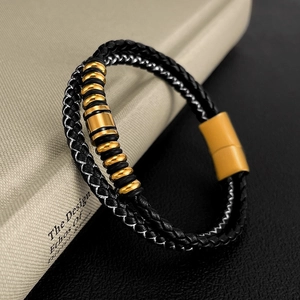 Men's double-layered black woven leather bracelet with golden stainless steel beads and clasp