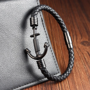 Men Nautical Braided Cowhide Leather Anchor Bracelet Stainless Steel Magnetic Clasp Multi-layer Handmade Wristband Jewelry