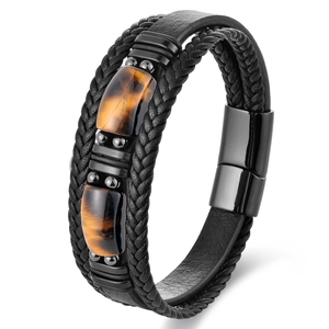 Men's double-layer black leather bracelet with tiger eye stones and magnetic clasp