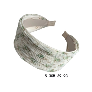 Serre-tête large plissé crème avec imprimé floral vert de 5,3 cm de largeur