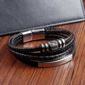 Men's double-layer braided leather bracelet with stainless steel plate and magnetic clasp