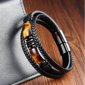 Men's double-layered black woven leather bracelet with tiger eye stones and magnetic clasp