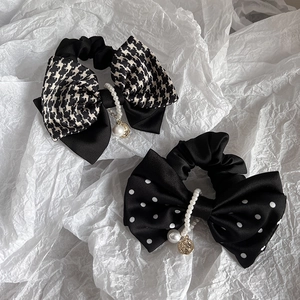 French Vintage Bow Hair Tie Scrunchie For Women Polka Dot Houndstooth Fabric Hair Ring With Artificial Pearl Coin Pendant Accessory