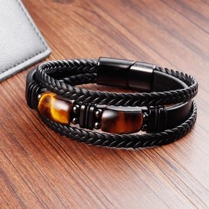 Men's double-layer black leather bracelet with natural tiger eye stones and magnetic clasp