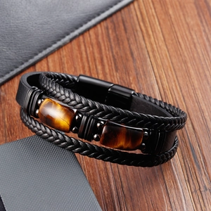 Men's double-layer leather and woven rope bracelet featuring rectangle tiger eye stones