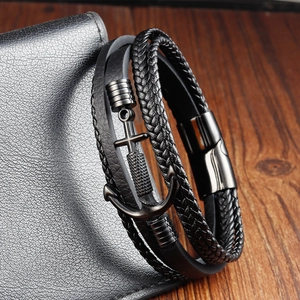 Men's multilayer black leather anchor bracelet with braided rope and magnetic clasp