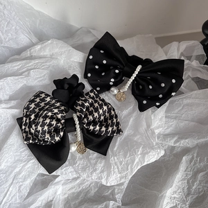 French style polka dot bow hair scrunchies with pearls and gold coin pendants