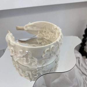 Serre-tête Large Plissé En Mousseline Beige Élégant Avec Künstliche Perles D'imitation Et Paillettes Style Français Accessoire Cheveux Femme