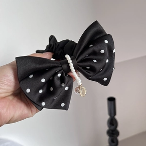 French retro black polka dot bow scrunchie with pearls and gold coin pendant