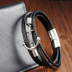 Men's multilayer black leather anchor bracelet with stainless steel magnetic clasp