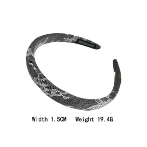 Retro black lace sponge headband with white floral embroidery and 1.5cm width dimension