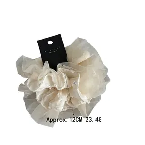 Elegant off-white lace and mesh scrunchie with pearl detail, 12cm oversized hair tie
