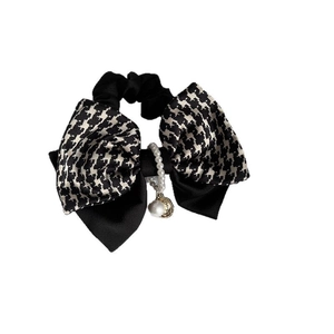 French houndstooth bow scrunchie with pearls and golden pendant for women
