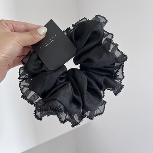 Chouchous Élégants En Mousseline Noire Pour Femmes Accessoires Cheveux Grande Taille Avec Bordure De Perles Et Volants