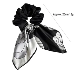 French style floral hair scrunchie with streamers and camellia print, length approx. 26cm