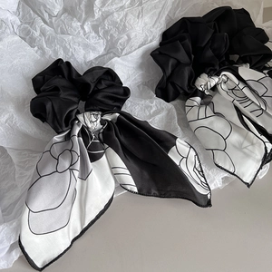 French Rose Pattern Scrunchie With Long Ribbon Elegant Black And White Satin Floral Hair Tie Women Hair Accessory