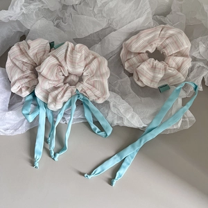Chouchou Rayé Doux Français Avec Noeud en Ruban Bleu Élastique à Cheveux en Tissu pour Femme Fille Accessoires de Cheveux