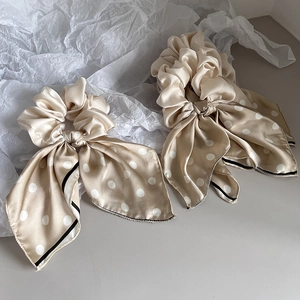 Élégant Chouchou en Satin à Pois Avec Ruban Nœud Champagne Aspect Satin Attache Cheveux pour Femmes Accessoire de Coiffure Mode