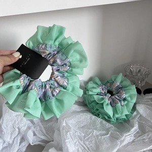 Mint green and floral layered ruffle hair scrunchie with handmade Korean design label