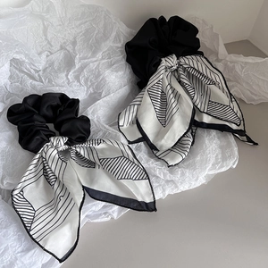 French Style Satin Bow Scrunchies For Women Navy Blue Striped Geometric Pattern Streamer Hair Ties Ribbon Accessories