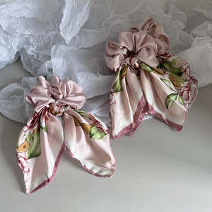 Pink floral satin scrunchies set with long ribbons and elegant rose print for women