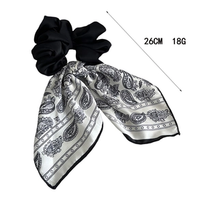 French style paisley print black hair scrunchie with 26cm long bow ribbon silk scarf